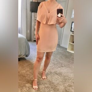 Marciano Light Pink Cocktail Mini Dress with Flowy Cold Shoulder Sleeves